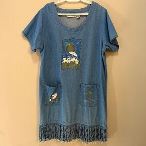 Vintage Denim Dress Fringed Hem Painted Beach scenes, Blue Jean MIDI Womens L